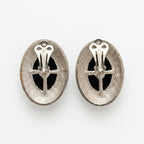 Vintage Black Cabochon Silver Tone Clip On Earrings