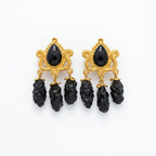 Vintage Byzantine Revival Black Cabochon Tassel Clip On Earrings