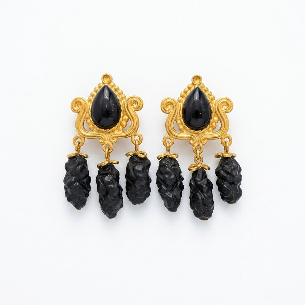 Vintage Byzantine Revival Black Cabochon Tassel Clip On Earrings