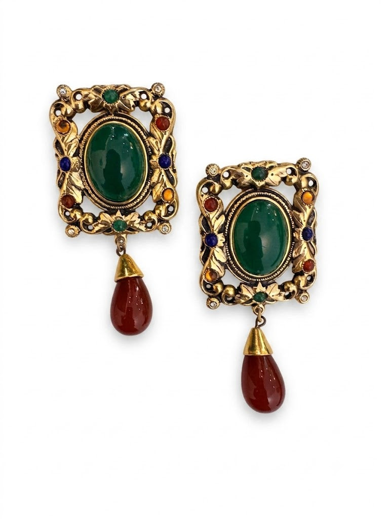 Vintage Deluigoro Italian Byzantine Revival Cabochon Drop Clip On Earrings