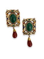 Vintage Deluigoro Italian Byzantine Revival Cabochon Drop Clip On Earrings