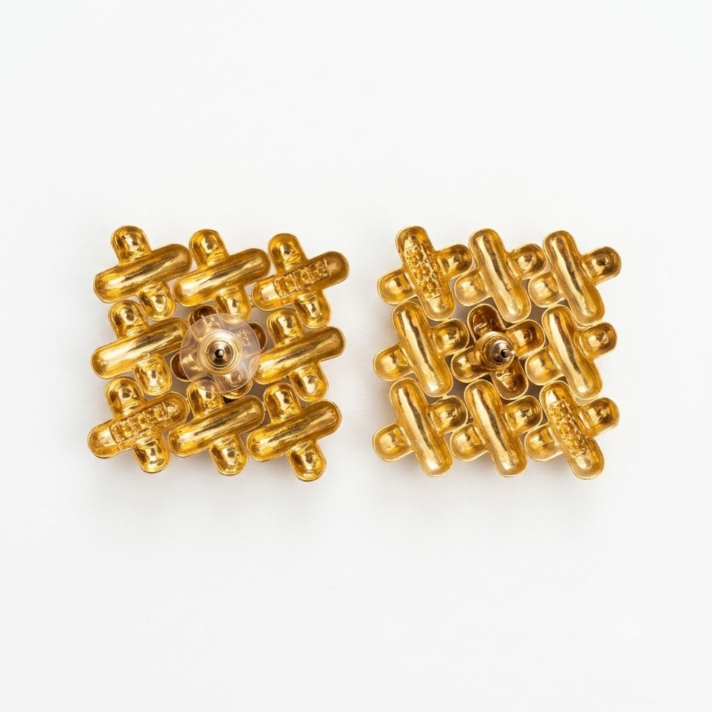 Vintage Geometric Woven Gold Plated Rhinestone Stud Earrings