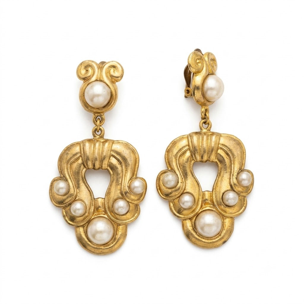Vintage Baroque Revival Faux Pearl Drop Clip On Earrings