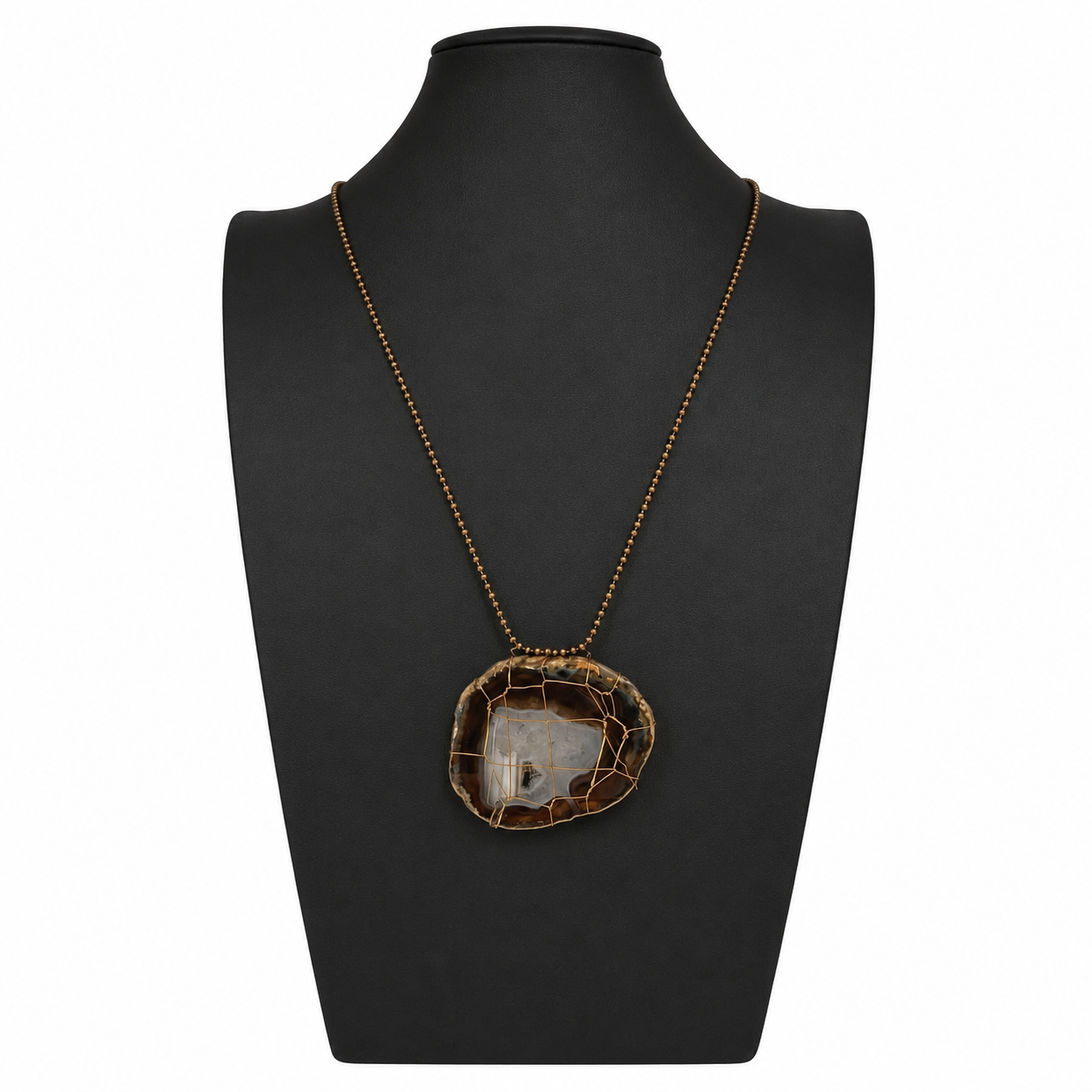 Vintage Natural Agate Wire Wrapped Pendant Necklace
