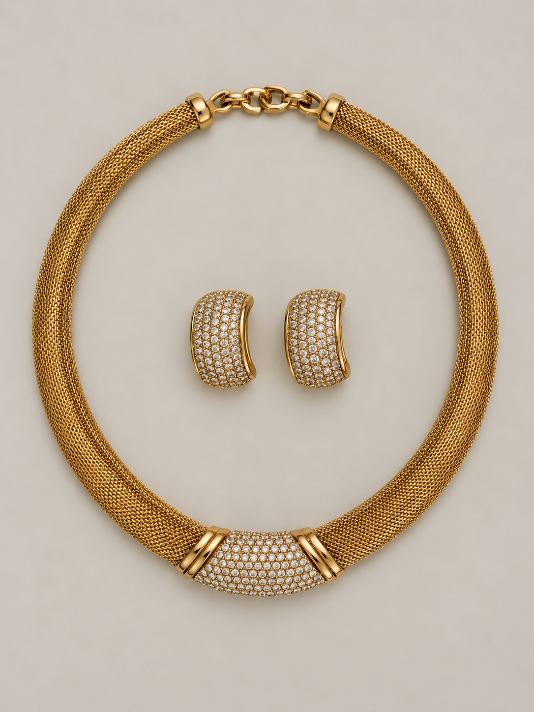 Vintage Christian Dior Pavé Crystal Mesh Necklace & Earrings Set