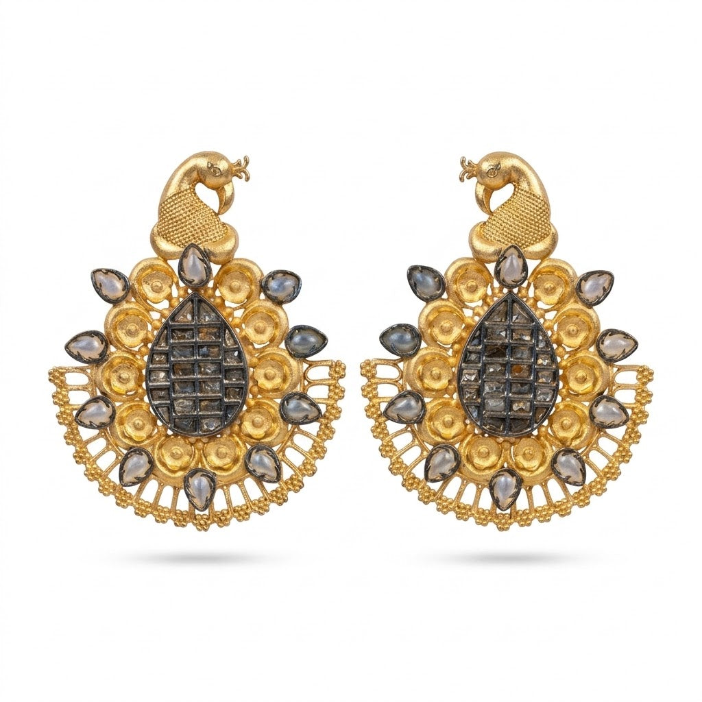 Vintage Peacock Statement Earrings with Teardrop Stone
