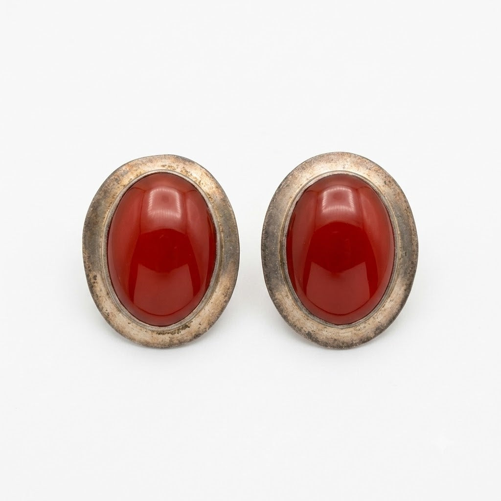 Vintage Carnelian Cabochon Modernist Clip On Earrings