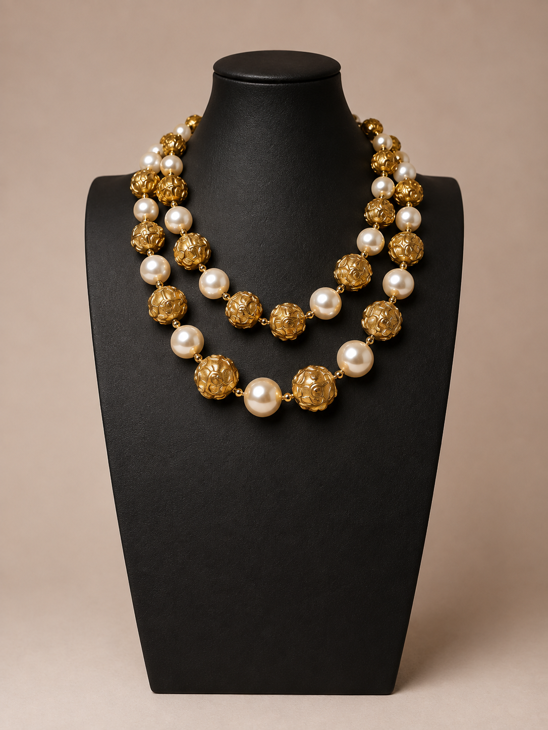 Vintage Baroque Revival Faux Pearl Gold Statement Necklace