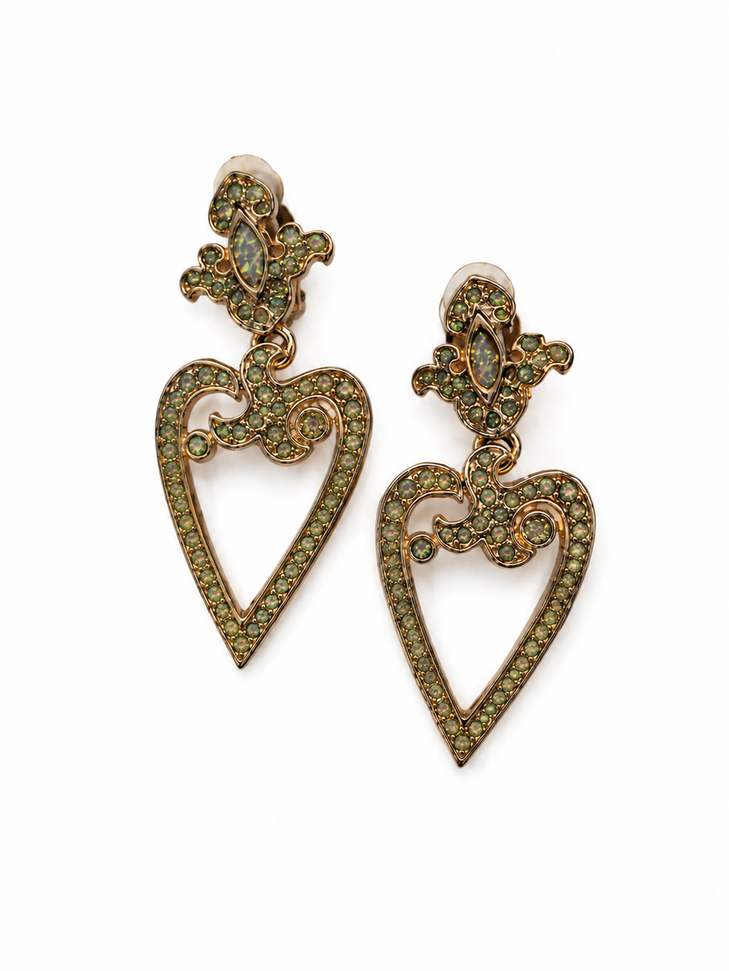 Vintage Large Baroque Heart Green Rhinestone Statement Earrings