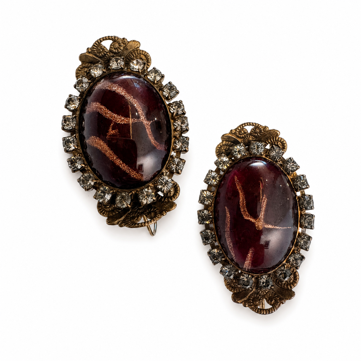 Vintage Filigree Brown Cabochon Rhinestone Clip On Earrings