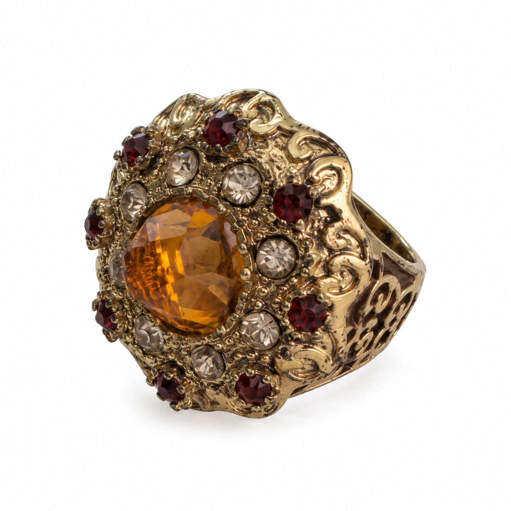 Vintage Baroque Amber Crystal Cocktail Ring