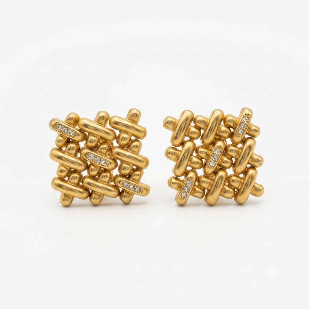 Vintage Geometric Woven Gold Plated Rhinestone Stud Earrings