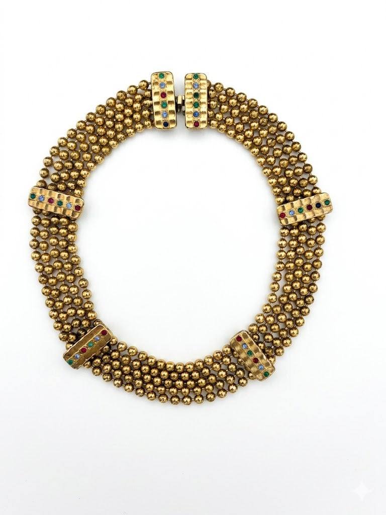 Vintage Gold-Plated Multi-Strand Bead & Jewel Collar Necklace