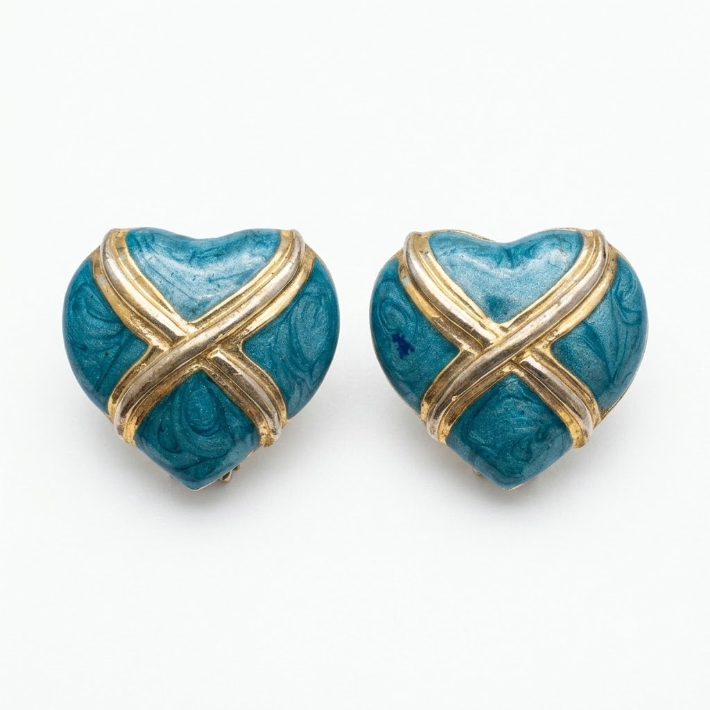 Vintage Marbled Turquoise Heart Gold Plated Clip-On Earrings