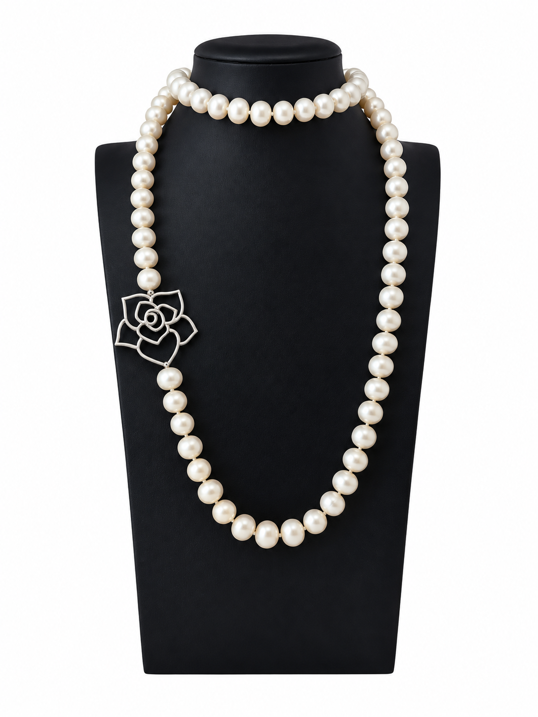 Vintage Freshwater Pearl Silver Rose Long Necklace