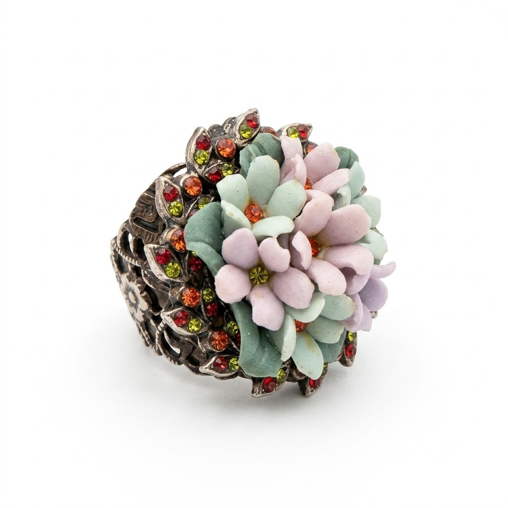 Vintage Signed Floral Porcelain Statement Ring