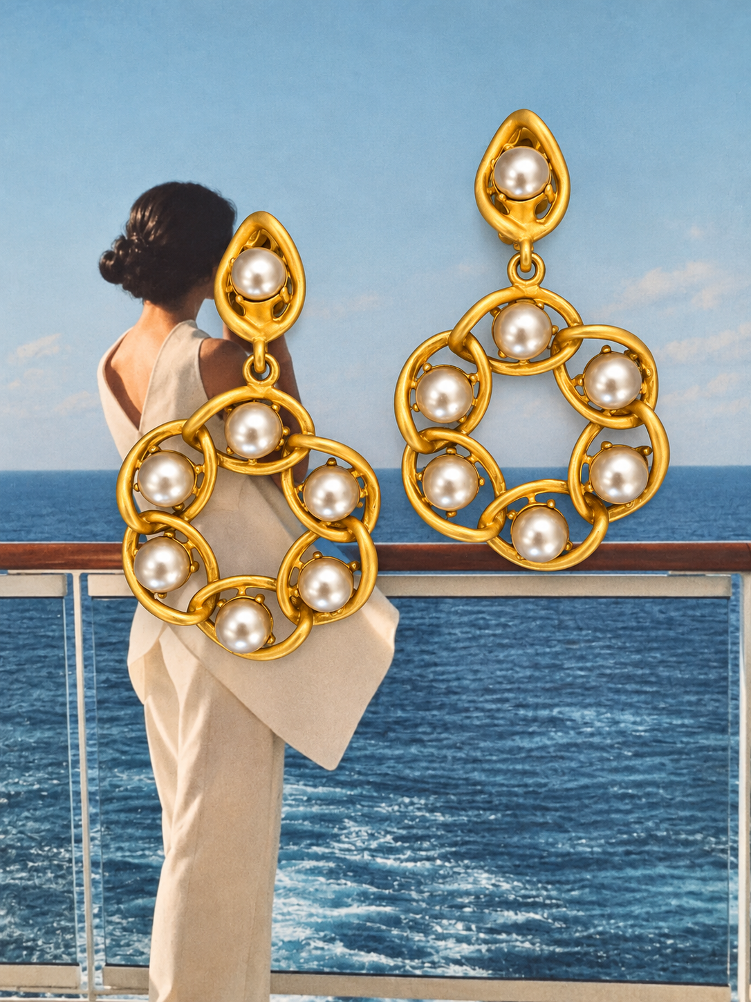 Vintage Gold Plated Faux Pearl Link Drop Earrings