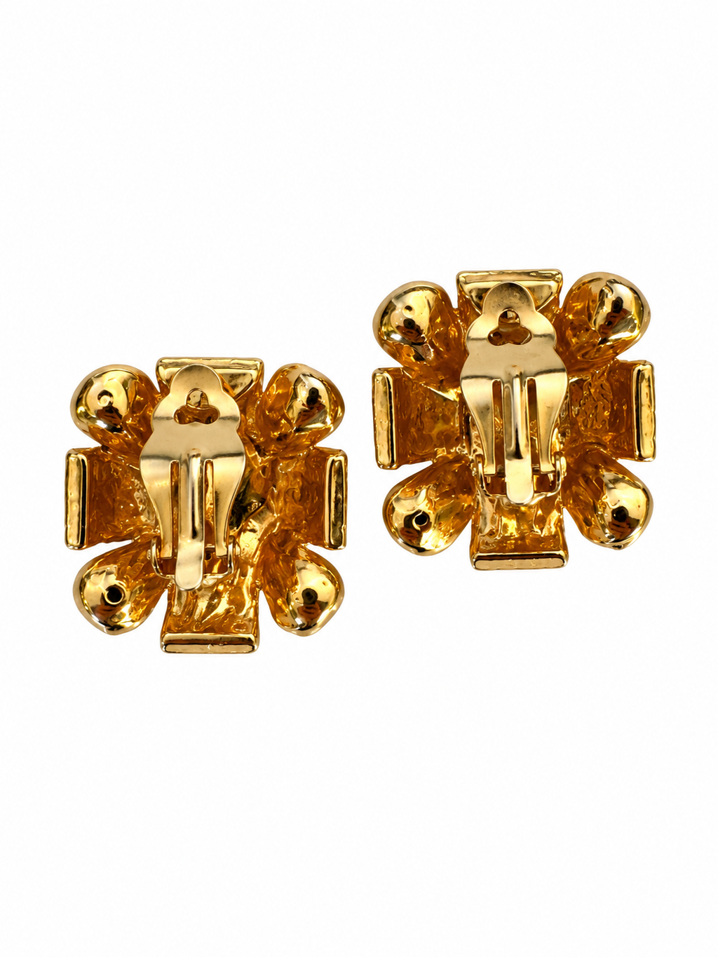 Vintage Modernist Black Cabochon Gold Plated Clip-On Earrings