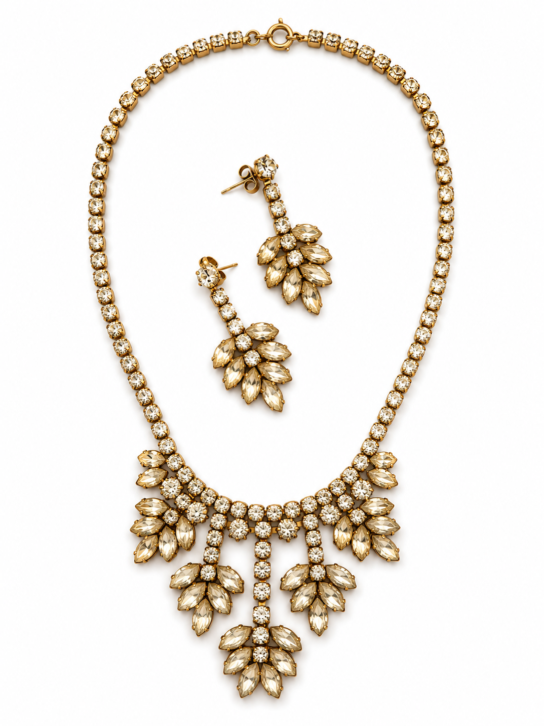 Gold Plated Cascading Floral Glass Stone Necklace & Earrings Set