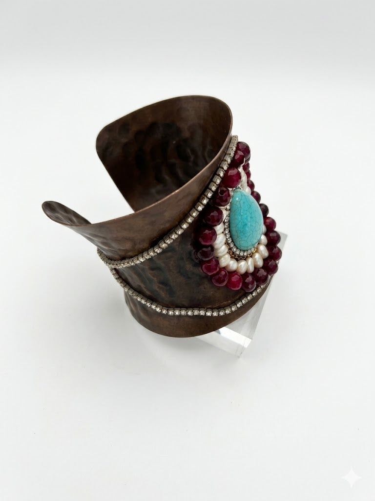 Vintage Hammered Copper Mixed Media Statement Cuff