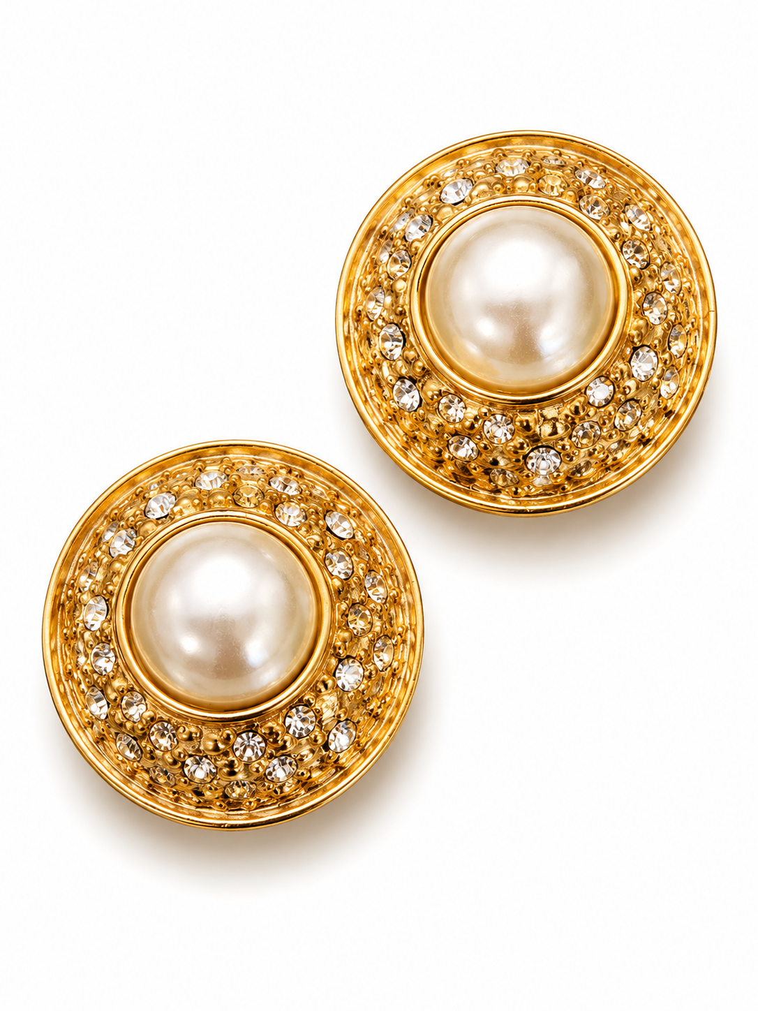 Vintage Oversized Gold-Plated Pearl & Crystal Earrings
