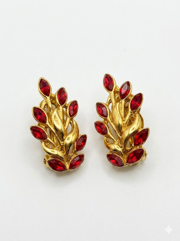 Vintage Gold Plated Red Glass Leaf Statement Earrings
