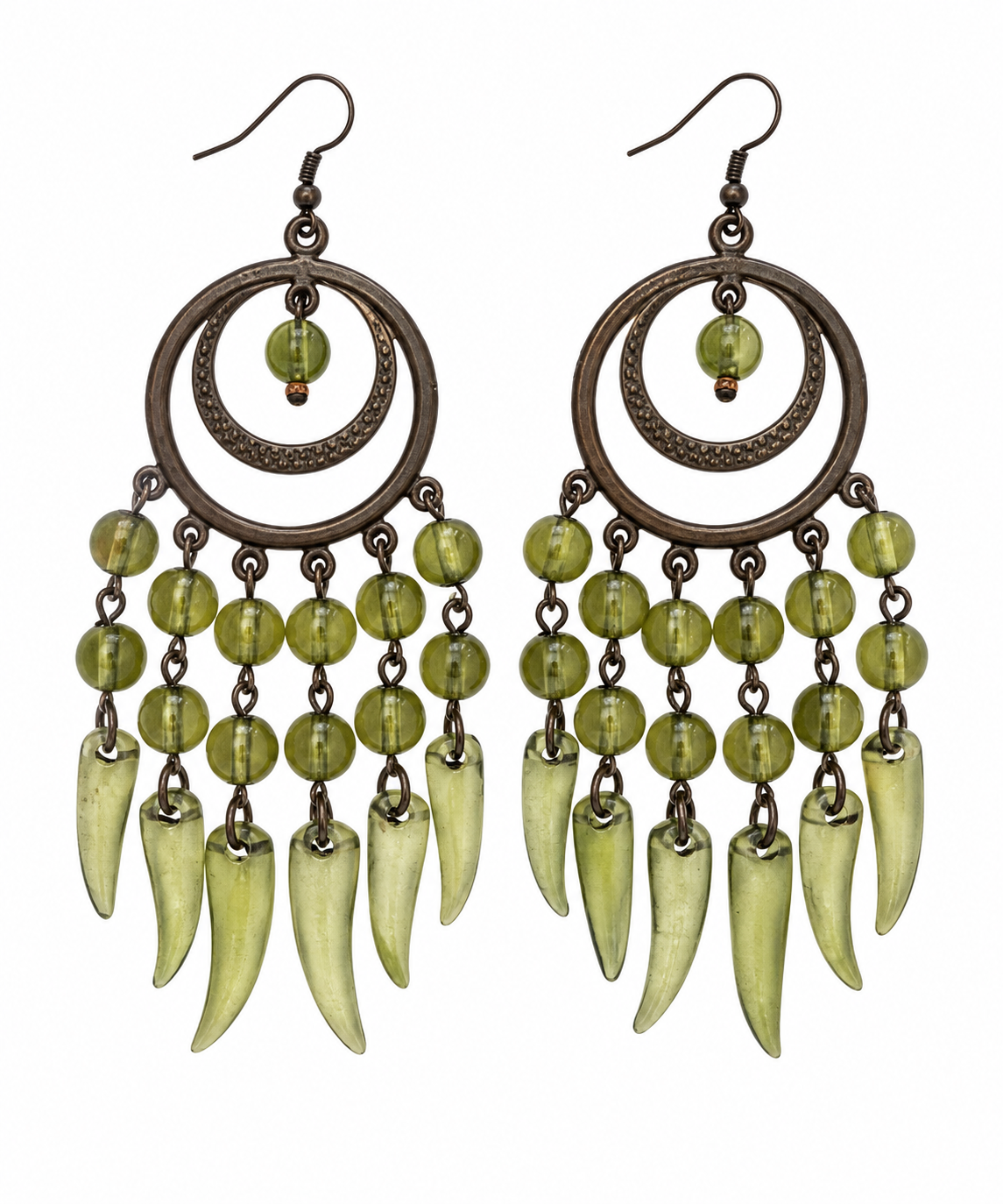 Vintage Bohemian Green Beaded Crescent Drop Earrings