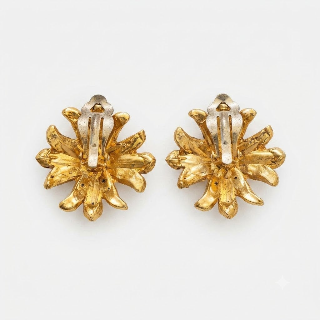 Vintage Floral Burst Rhinestone Clip On Earrings