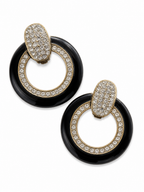 Vintage Black Enamel Rhinestone Hoop Earrings