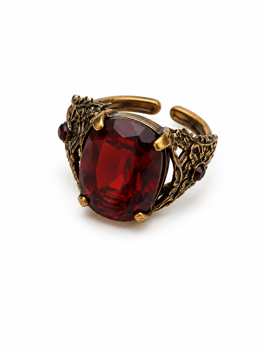 Ornate Vintage Ruby Red Cocktail Ring Antiqued Gold Filigree