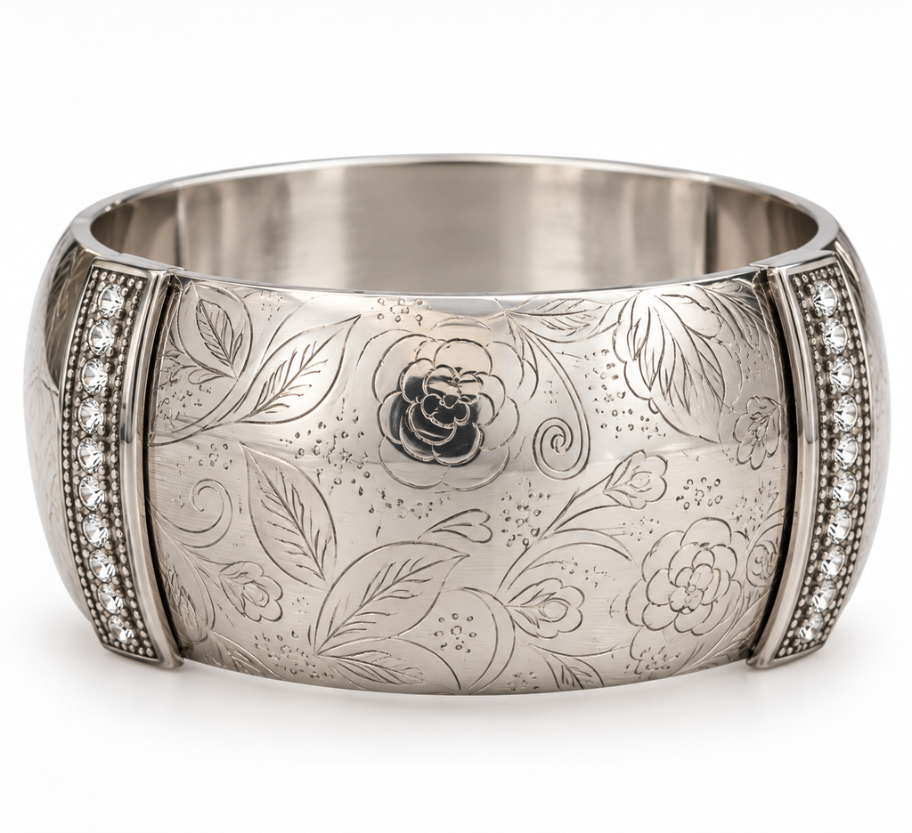 Vintage Engraved Floral Crystal Cuff Bracelet