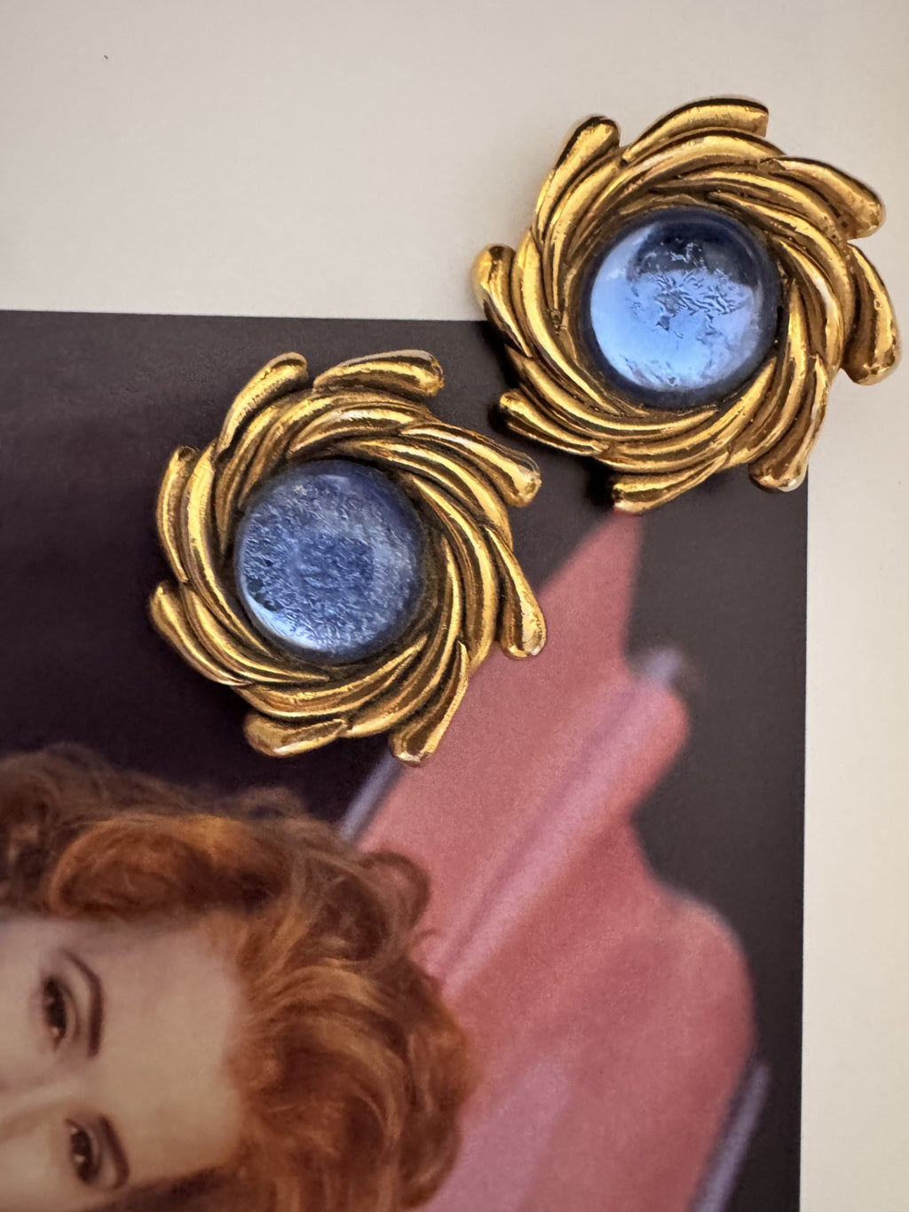 Vintage Gold Tone Swirl Earrings with Lavender Cabochons