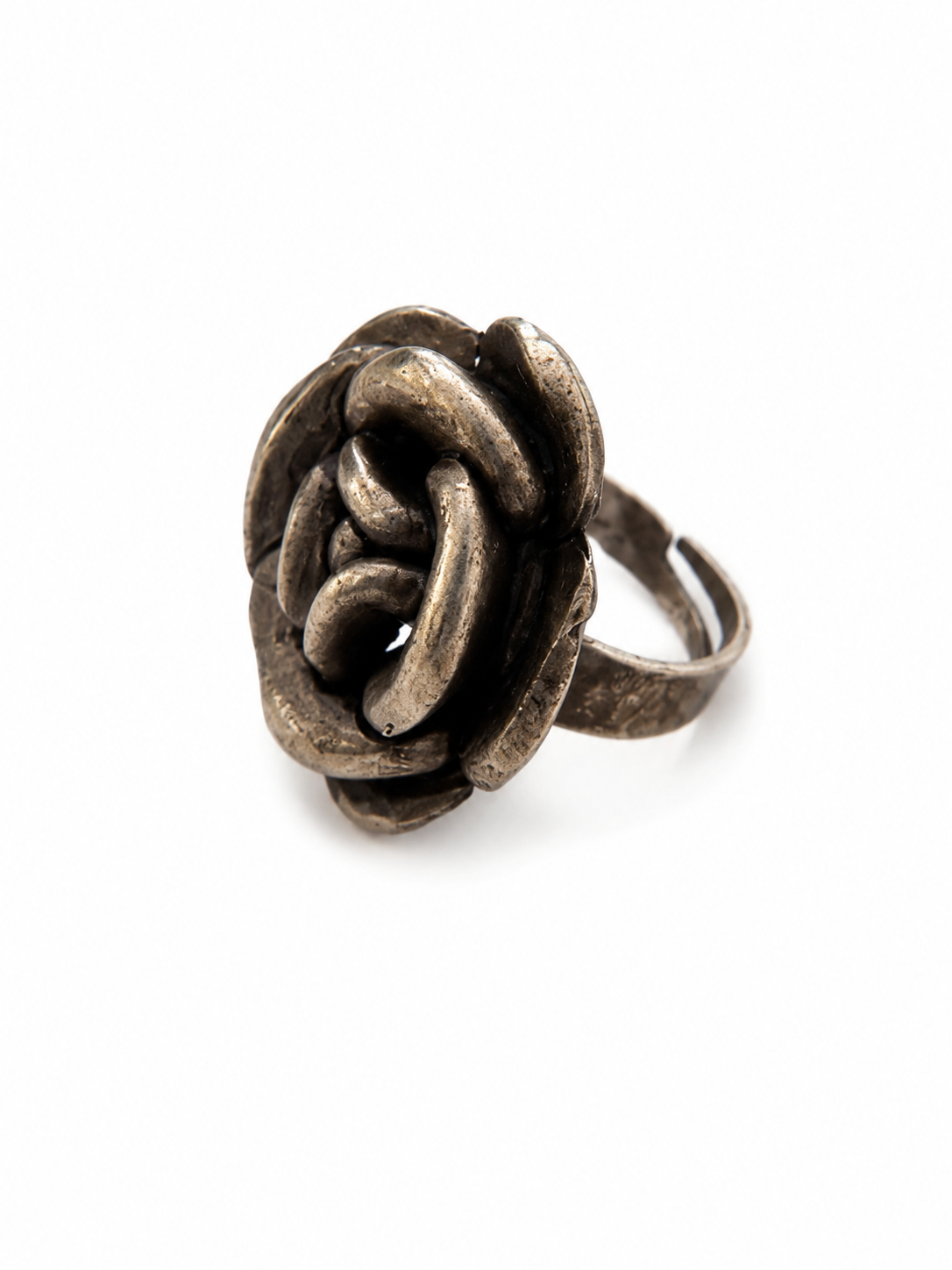 Vintage Brutalist Silver Tone Rose Statement Ring Sculptural Floral Design