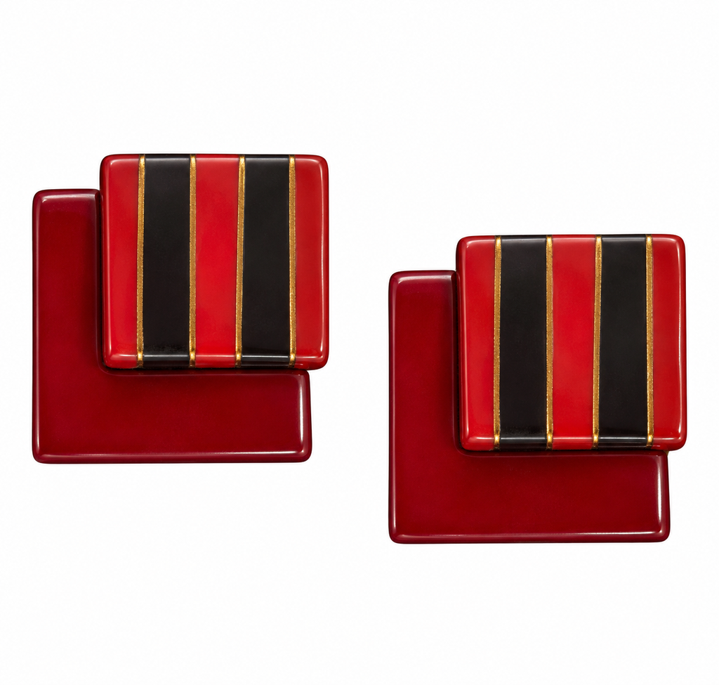 Vintage Art Deco Geometric Red & Black Clip-On Earrings