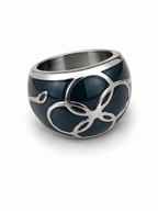 Modernist Teal Enamel Dome Ring Stainless Steel Floral Motif