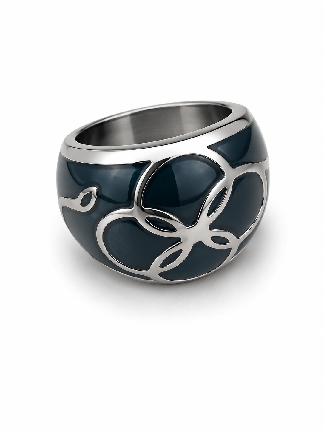 Modernist Teal Enamel Dome Ring Stainless Steel Floral Motif