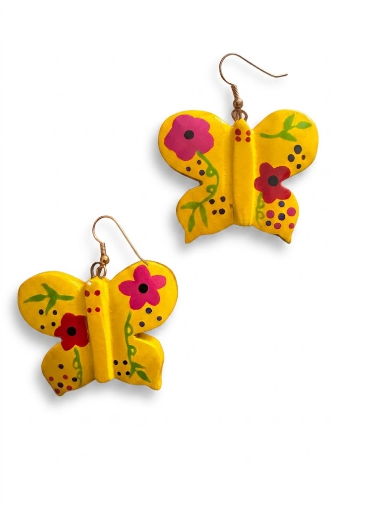 Vintage Folk Art Hand-Painted Wooden Butterfly Earrings