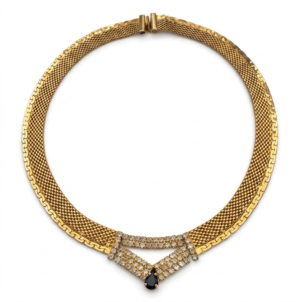 Vintage Gold Plated Mesh Crystal Collar Necklace