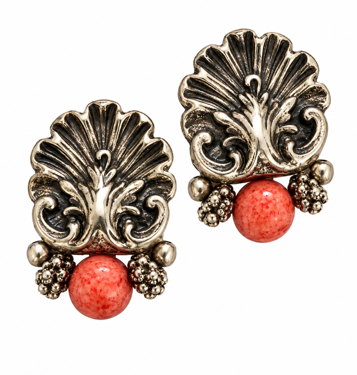 Vintage Baroque Coral Bead Clip-On Earrings