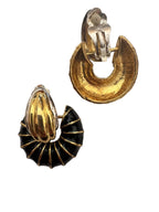 Vintage 80s Glam Gold-Plated & Black Enamel Ribbed Hoop Earrings