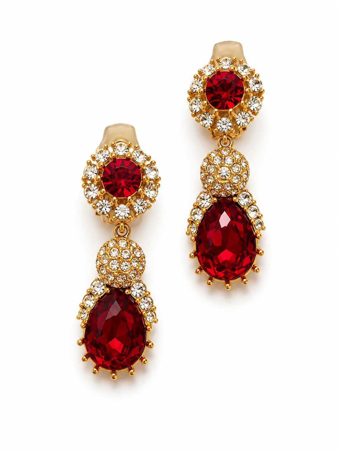 Vintage Ciner Ruby Red Crystal Statement Drop Clip-On Earrings