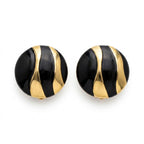 Vintage Black Enamel Gold Plated Dome Clip-On Earrings