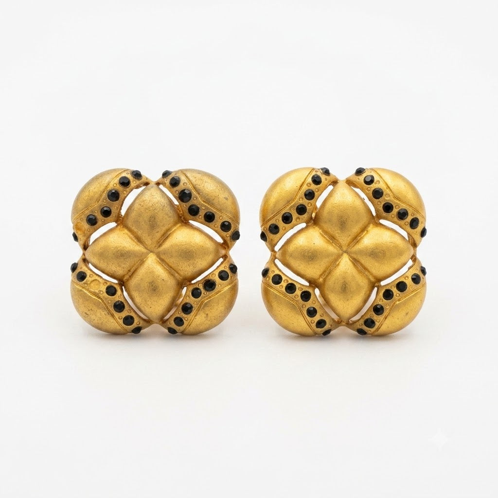 Vintage Floral Black Crystal Clip On Earrings