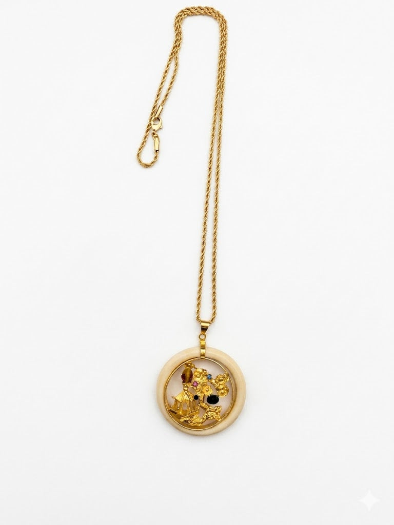 Vintage Japanese Gold Plated Scenic Pendant Necklace