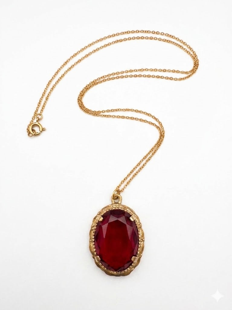 Vintage Gold Filigree & Faceted Ruby Glass Pendant Necklace