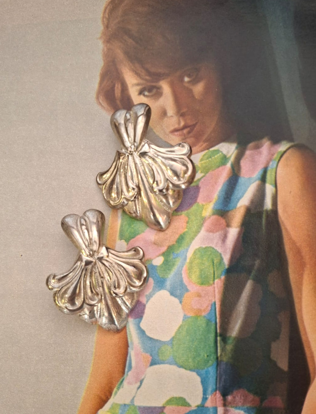 Vintage Art Nouveau Silver Tone Fan Earrings