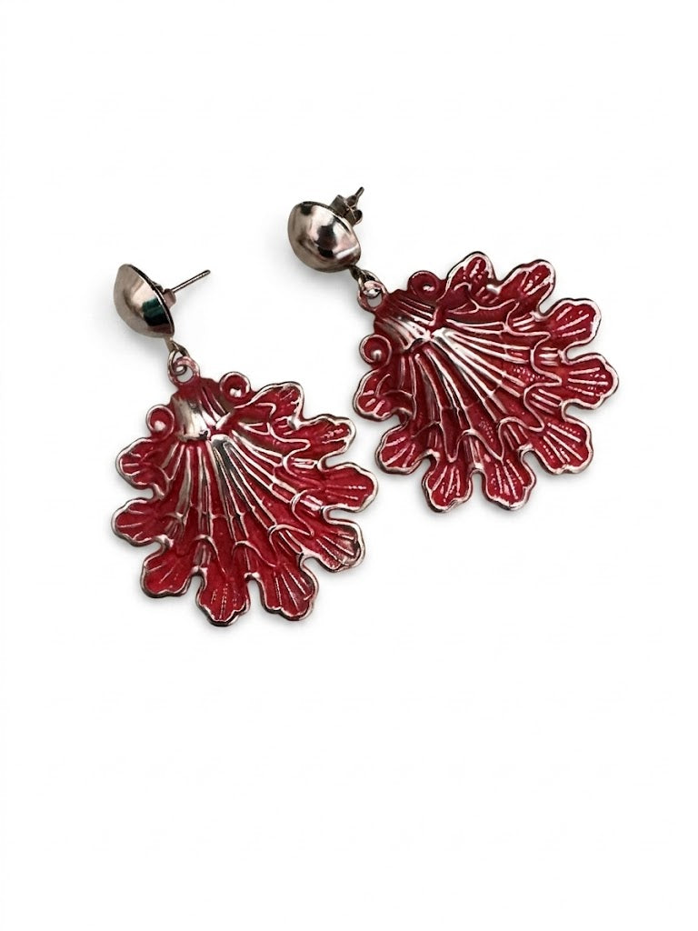 Vintage Enamel Coral Fan Drop Earrings