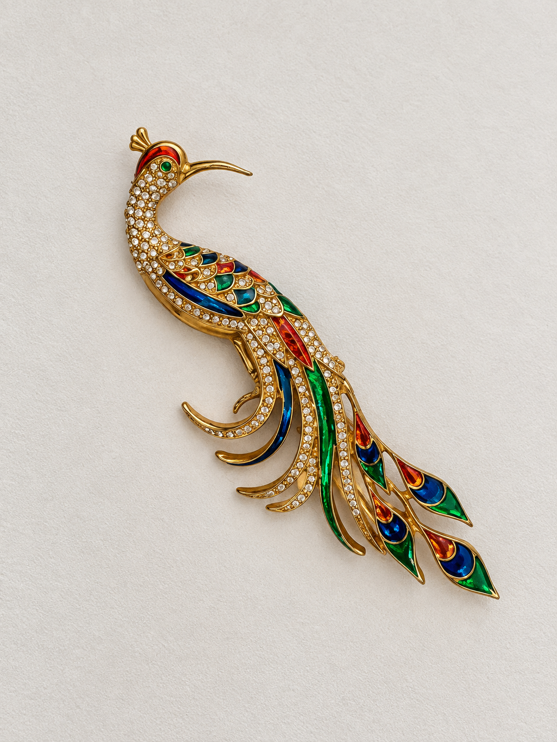 Vintage Enameled Peacock Crystal Brooch