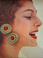 Vintage Baroque Revival Pearl & Red Crystal Medallion Earrings