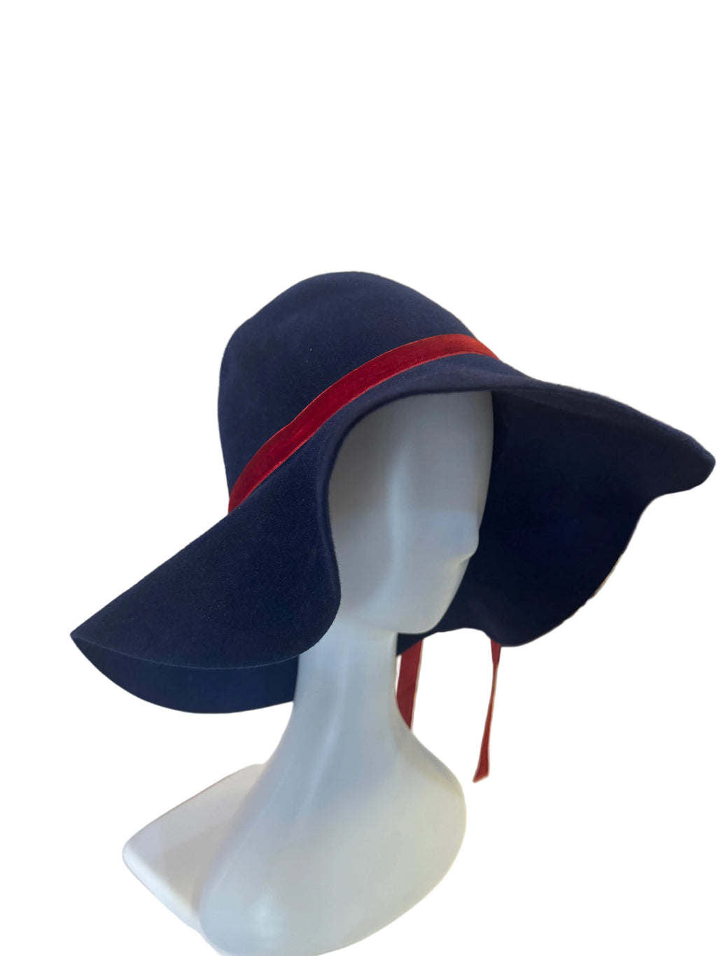 Vintage Navy Blue Wide-Brim Winter Hat with Red Velvet Ribbon